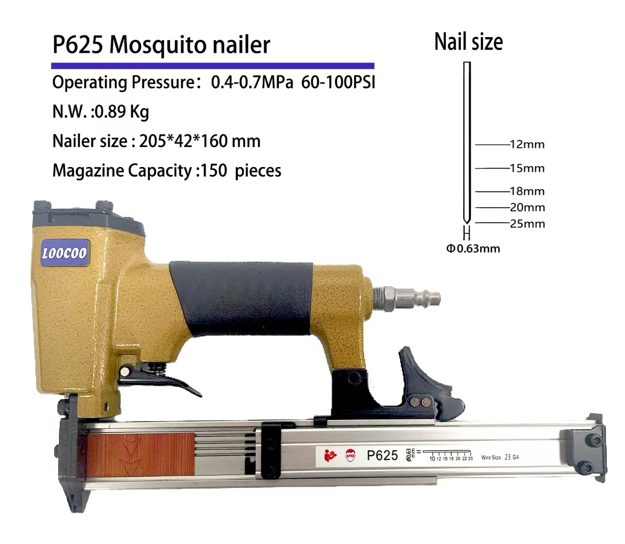 Woodworking Nail Gun - P625 23Ga Pneumatic Air Pin Nailer,